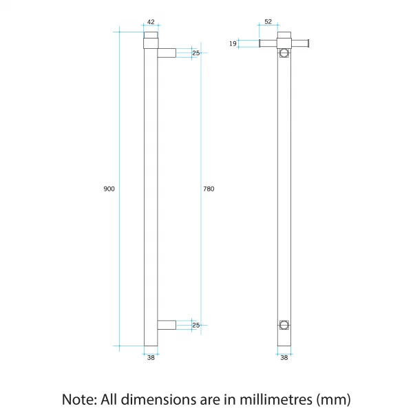 Thermogroup 12V Horizon Blue Straight Round Vertical Single Heated Towel Rail 900mm