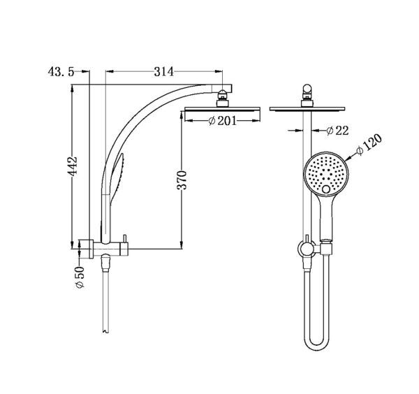 NRO80705FMB Matt Black 2 in 1 Twin Shower Rail
