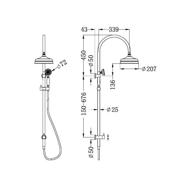 NRO9210501MB Matt Black Twin Shower Rail with White Porcelain Hand Shower