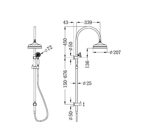 NRO9210502CH Chrome Twin Shower Rail with Metal Hand Shower