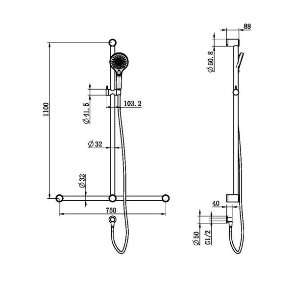 NROCS006MB Care Matt Black 32mm T Bar Grab Rail & Adjustable Shower Set 1100x750mm