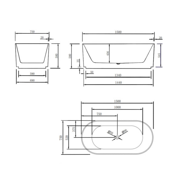 CESB782MW - Matt White Oval Freestanding Bath 1500/1700mm