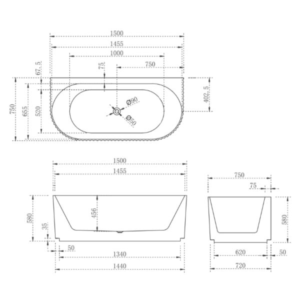 CESB783GW - Gloss White Oval Freestanding Back to Wall Bath 1500/1700mm