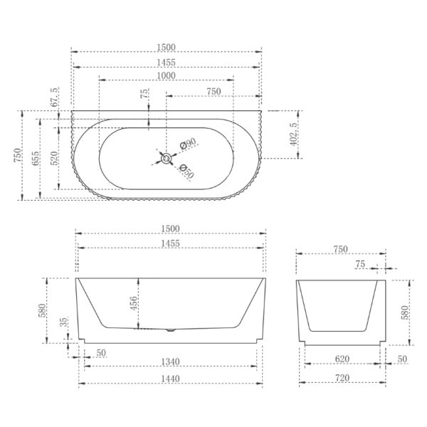 CESB783MW - Matt White Oval Freestanding Back to Wall Bath 1500/1700mm