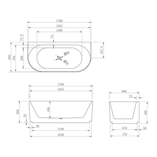 CESB783MW - Matt White Oval Freestanding Back to Wall Bath 1500/1700mm