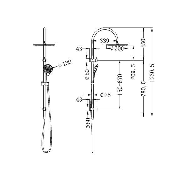 NRO21905HGM Gun Metal Twin Shower Rail with Air Shower II