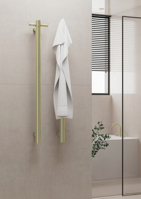 NROV900HBG 12V Vertical Bar Brushed Gold Heated Towel Rail Round 900mm