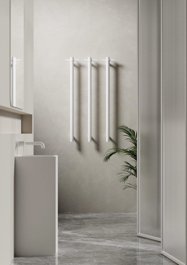NROV900HMW 12V Vertical Bar Matte White Heated Towel Rail Round 900mm