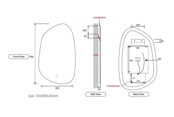 AU-LMTAR-550 LED Mirror 550x900mm