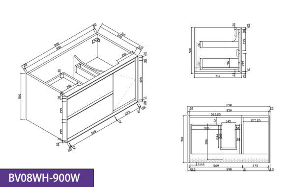 BV08WH-900W Extra Deep Matt White Wall Hung Vanity - 900x520 - Clearance