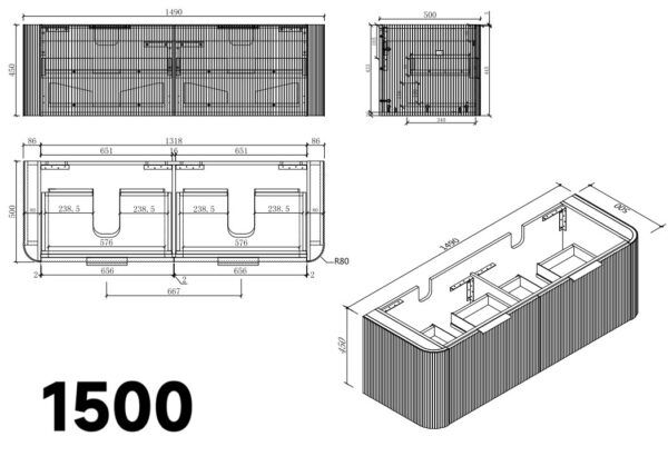 EC 1500 Curved Wall Hung Vanity - 1500Lx500Wx450Hmm