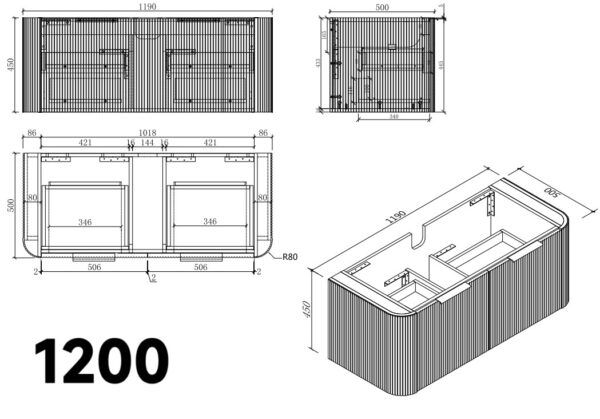 EC 1200 Curved Wall Hung Vanity - 1200Lx500Wx450Hmm