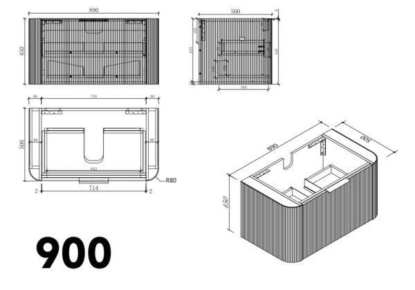 EC 900 Curved Wall Hung Vanity - 900Lx500Wx450Hmm