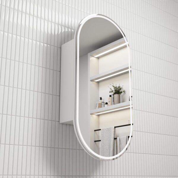 AU Matt White Frameless Oval LED Mirror Cabinet 450x900mm