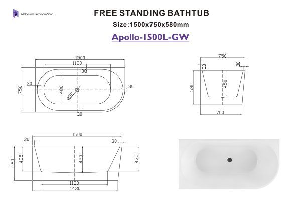 Apollo 1500mm Left Corner Gloss White Freestanding Bath (Central Waste Location)