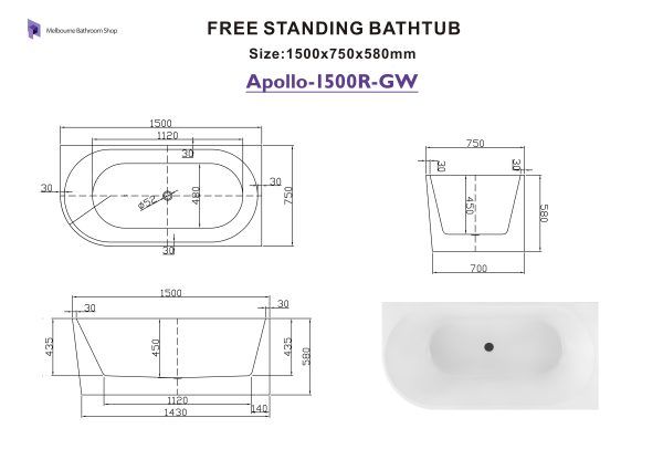 Apollo 1500mm Right Corner Gloss White Freestanding Bath (Central Waste Location)