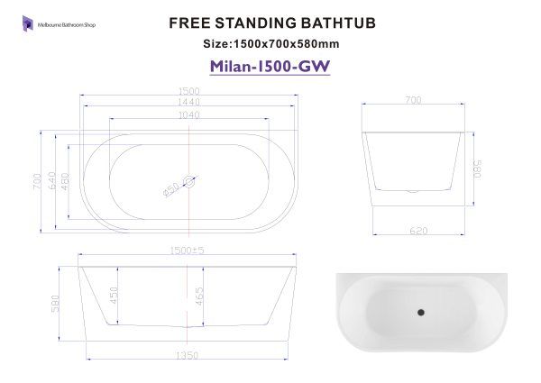 Milan 1500mm Back to Wall Gloss White Freestanding Bath (Central Waste Location)
