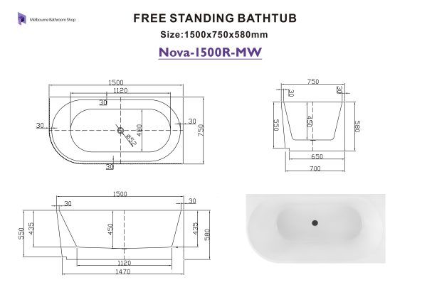 Nova 1500mm Right Corner Fluted Matt White Freestanding Bath