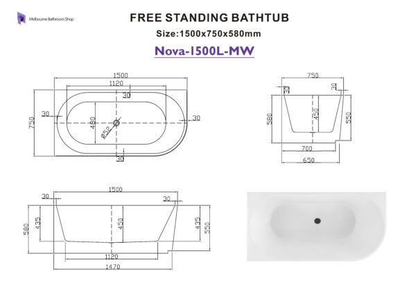 Nova 1500mm Left Corner Fluted Matt White Freestanding Bath