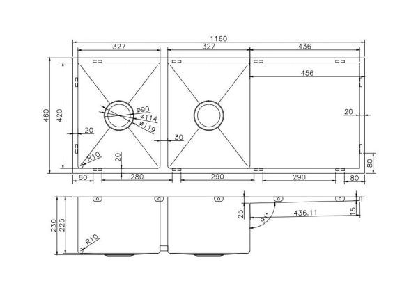 TS Chrome Double Drop in/Undermount Sink 1160X460X230mm