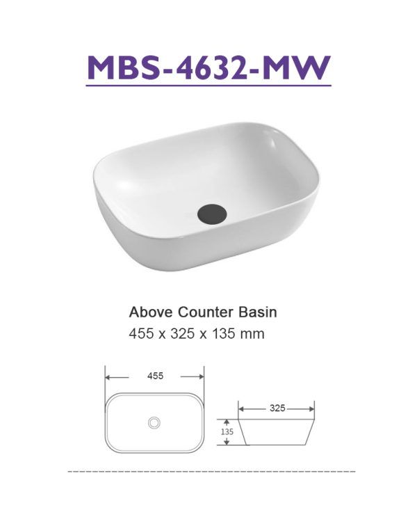 MBS4632MW Matte White Ceramic Basin 455x325x135mm
