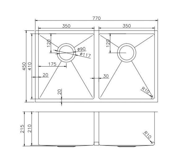 TS Chrome Double Drop in/Undermount Sink 770x450x215mm