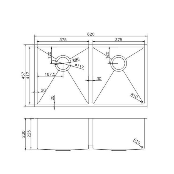 TS Chrome Double Drop in/Undermount Sink 820x457x230mm
