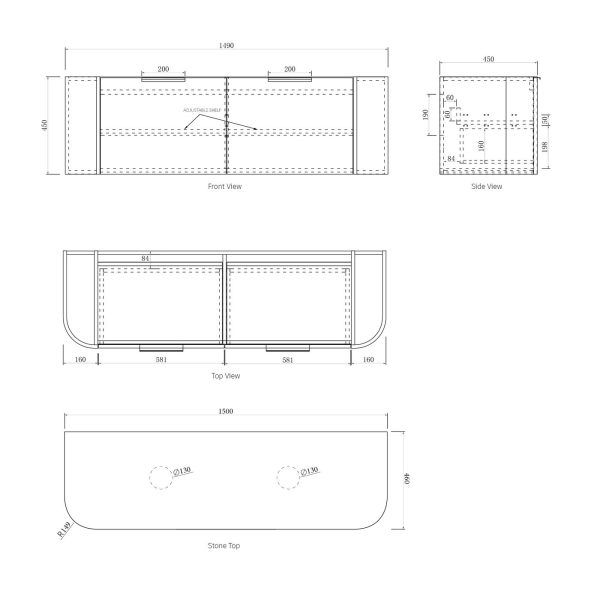 OTBOW-WH Plywood Curve Fluted Wall Hung Vanity - 1500mm
