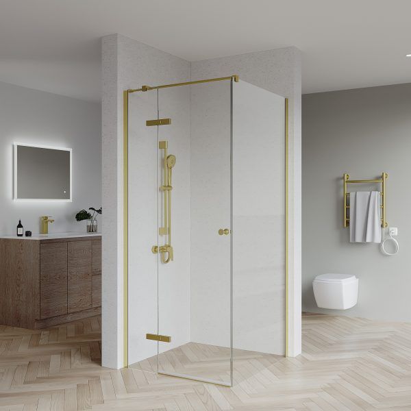 SS08/17 - 10mm Brushed Gold Frameless Shower Screen with Wall Channels with Seals Included - 950x950mm (Suit on 1000x1000 Base)