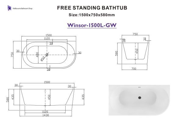 Winsor 1500mm Left Corner Gloss White Freestanding Bath (Central Waste Location)