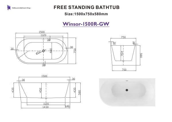 Winsor 1500mm Right Corner Gloss White Freestanding Bath (Central Waste Location)