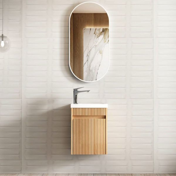 OT400L Compact Fluted Wooden Oak Wall Hung Ensuite Vanity - 410x260mm