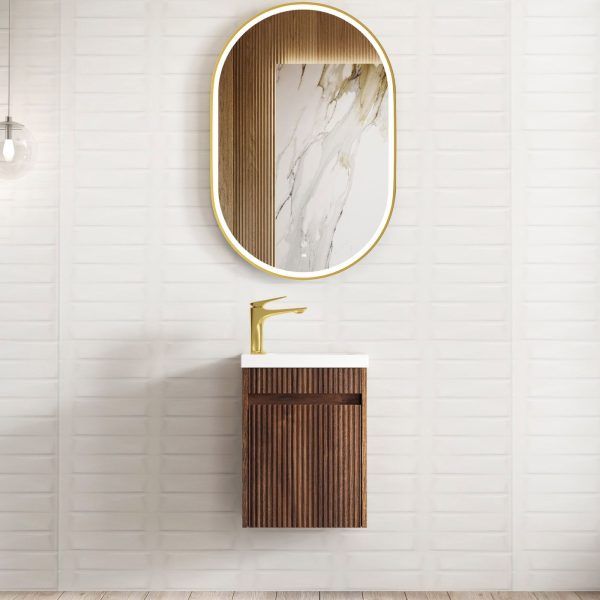 OT400W Compact Fluted Wooden Walnut Wall Hung Ensuite Vanity - 410x260mm