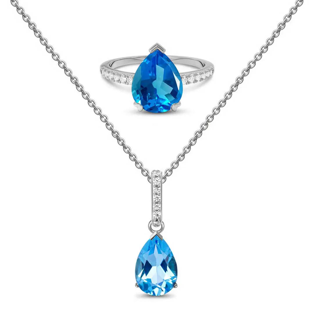 Pear Shaped Blue Topaz Pendant & Ring