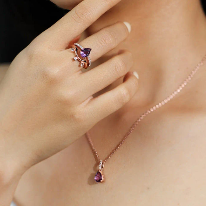Amethyst pear shaped pendant in rose gold vermeil