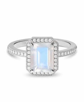 925 Sterling Silver Moonstone Emerald Cut Ring