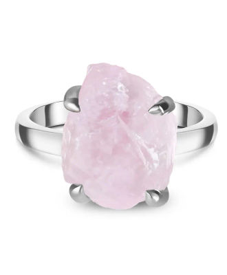 silver ring with rose quartz raw crystal