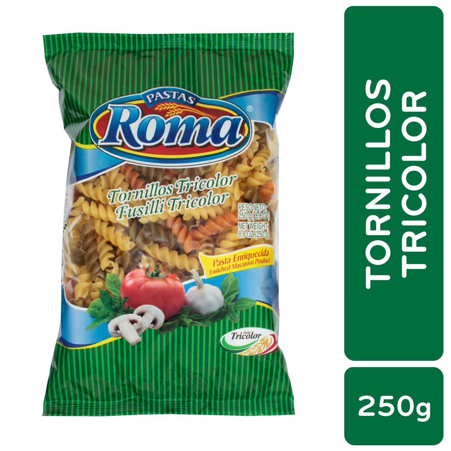 Pasta Alimenticia Tornillo Tricolor Roma Paquete 250 G