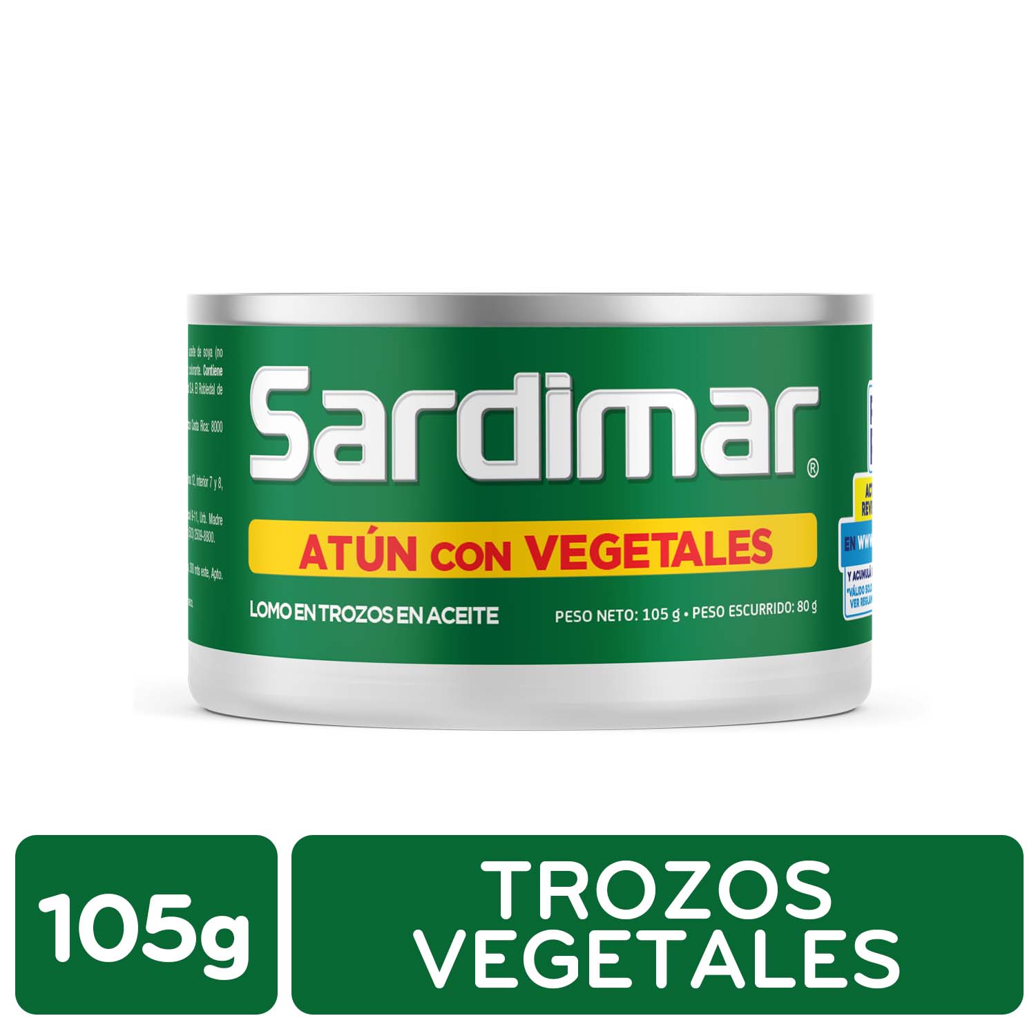 Atun Lomo Trozos Aceite Soya Vegetales Sardimar Lata 105 G