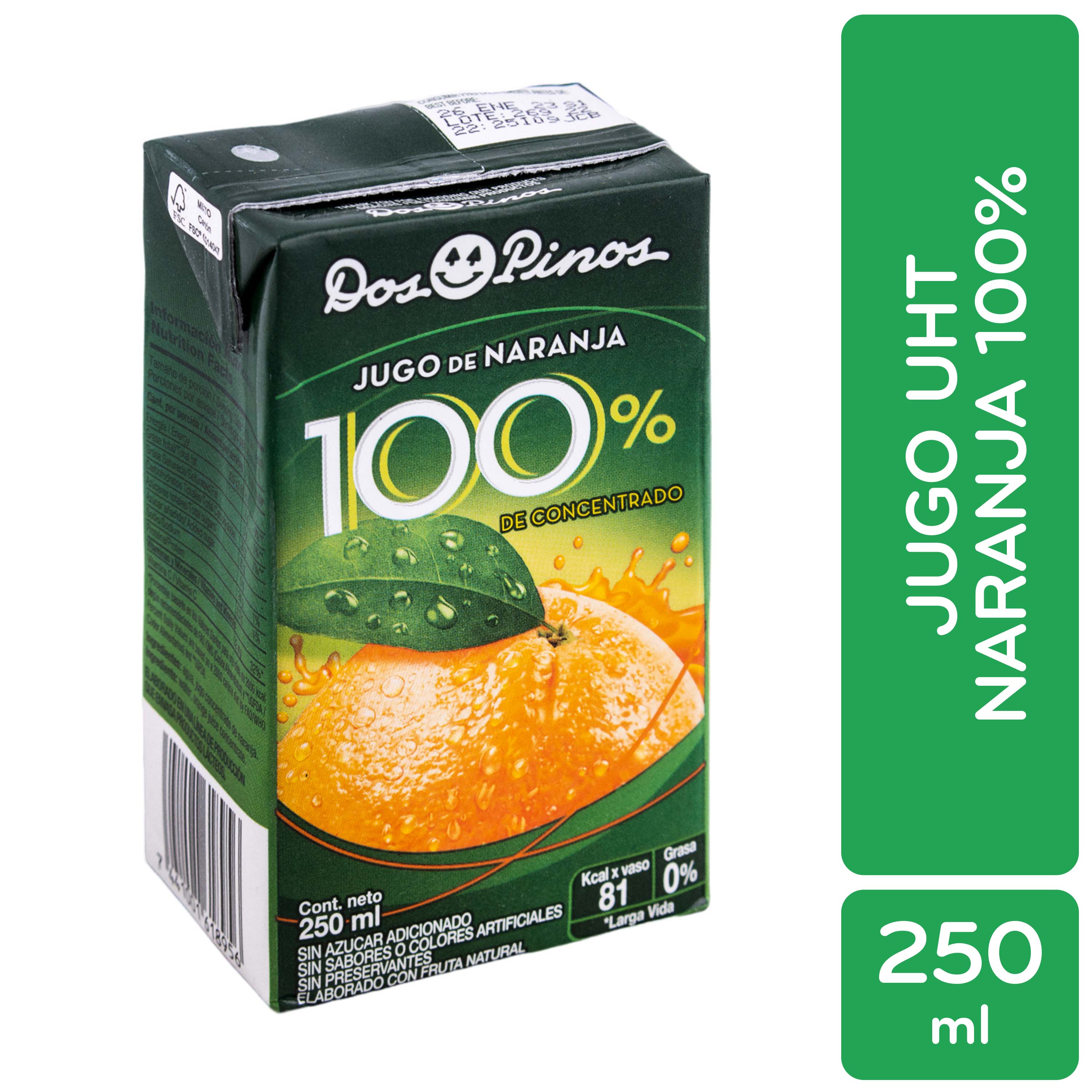 Bebida Jugo Naranja 100% F Soluble Dos Pinos Caja 250 Ml