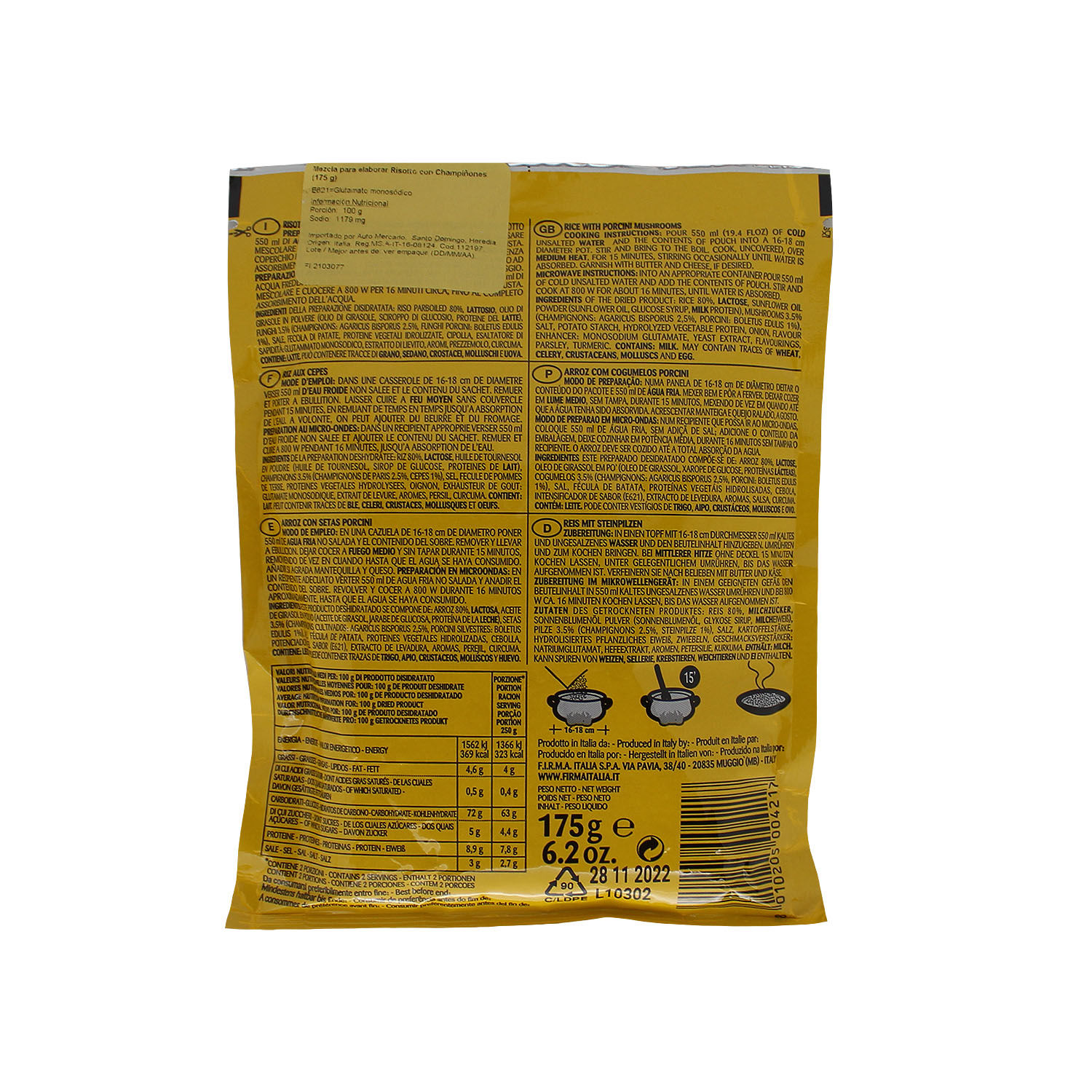 Arroz Preparado Risotto Hongos Firma Italia Paquete 175 G Auto Mercado