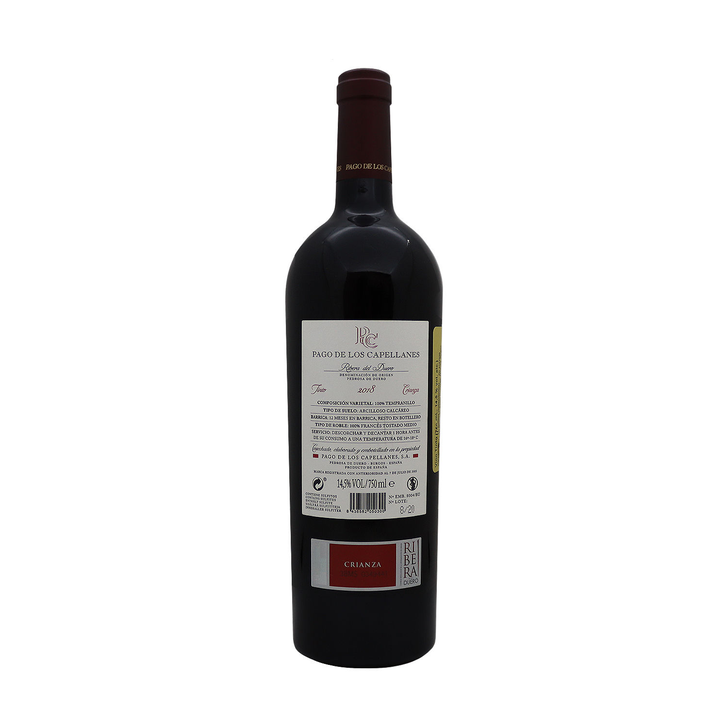 Vino Tinto España Tempranillo Crianza Pago De Los Capellanes Botella 750 Ml