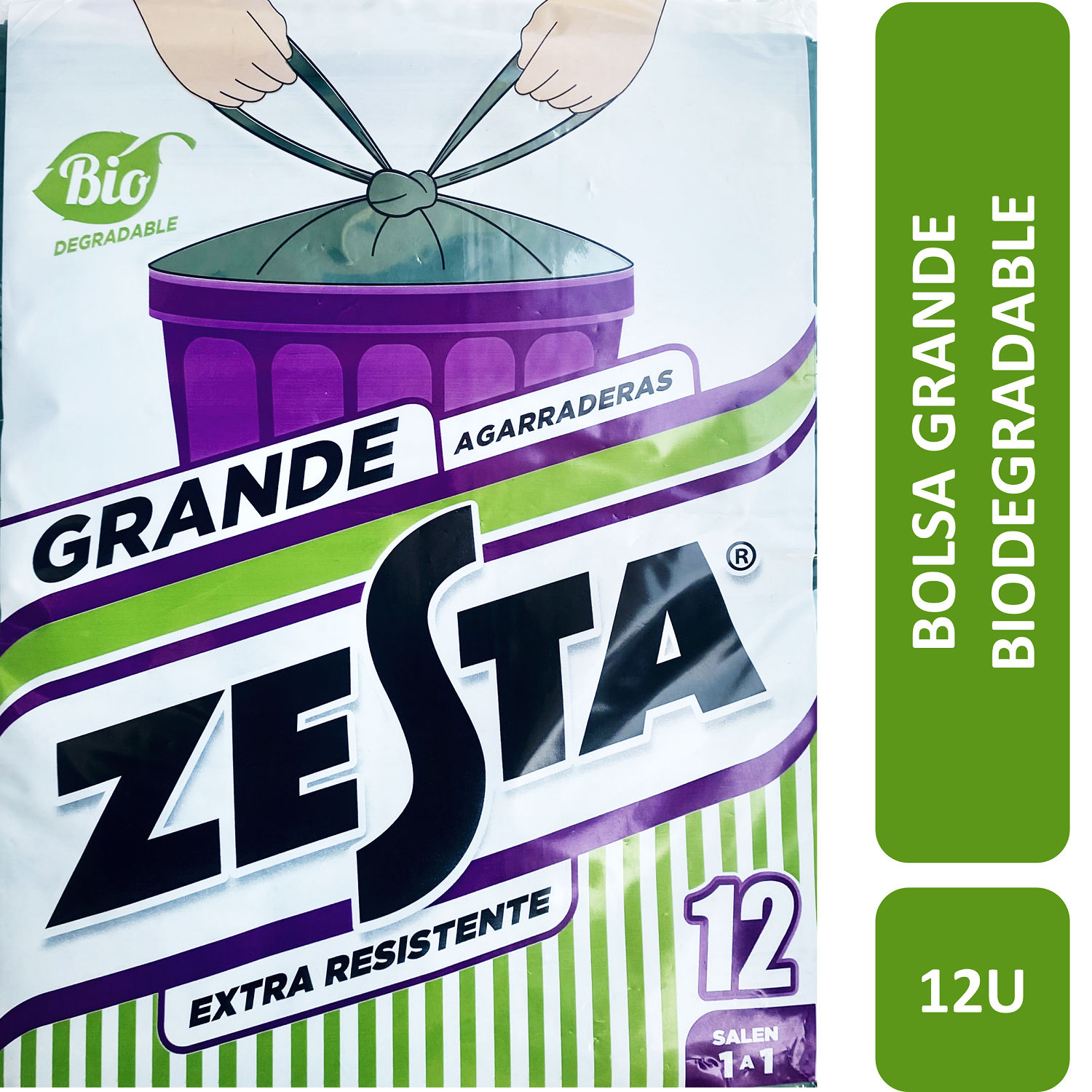 Bolsa Basura Grande Verde Agarradera Bio Zesta Bolsa 12 Unid