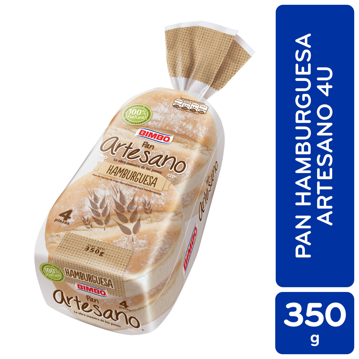 Pan Empacado Hamburguesa Artesano 4u Bimbo Paquete 350 G