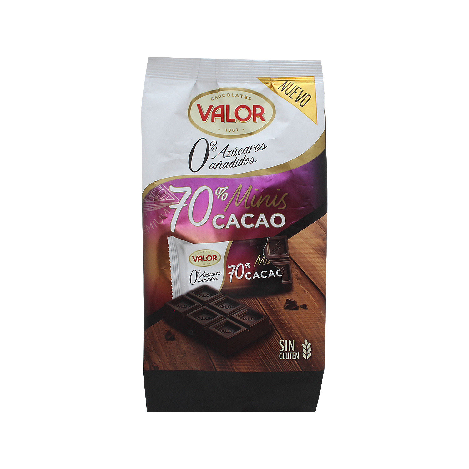 Mini tabletas de chocolate negro 70% cacao sin gluten bolsa 200 g