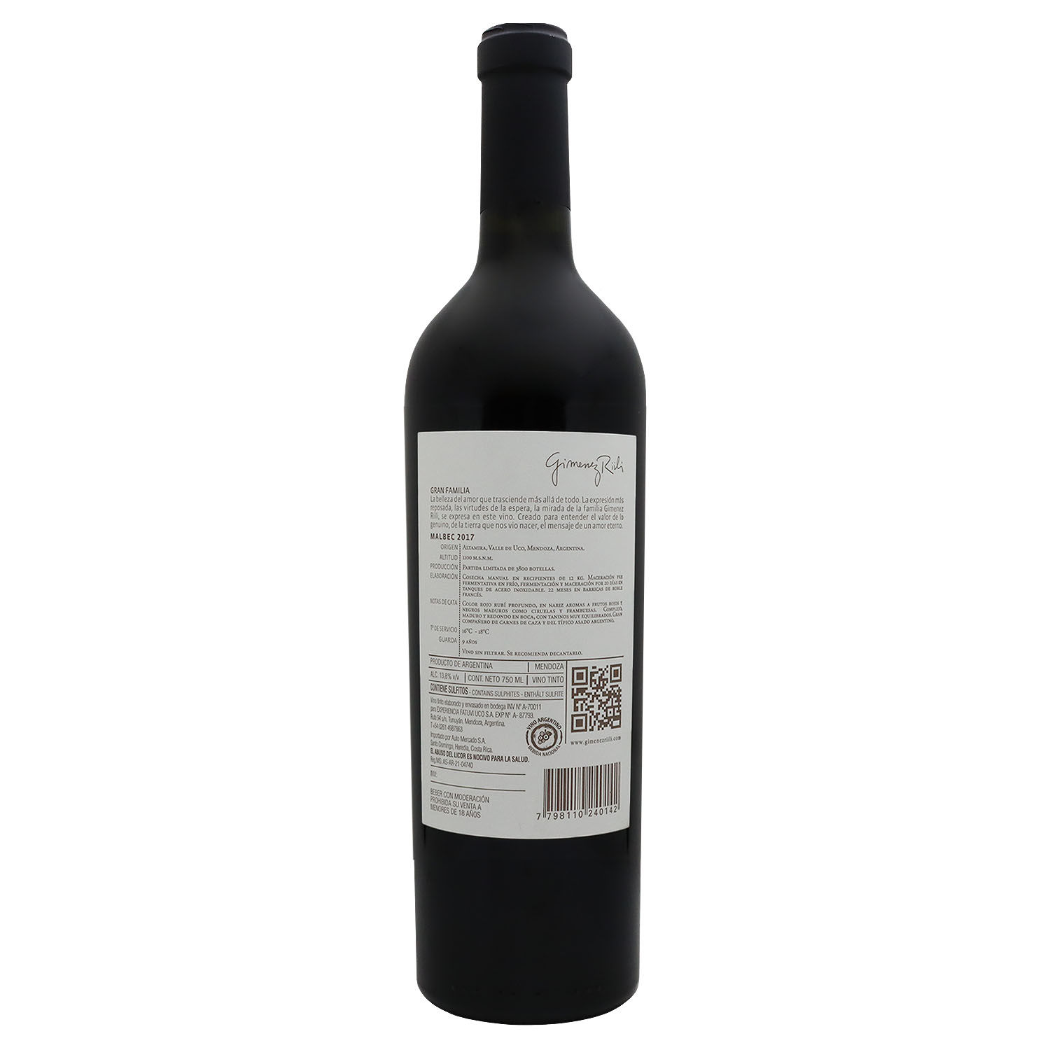 Vino Tinto Argentina Malbec Gran Reserva Gran Familia Gimenez Riili