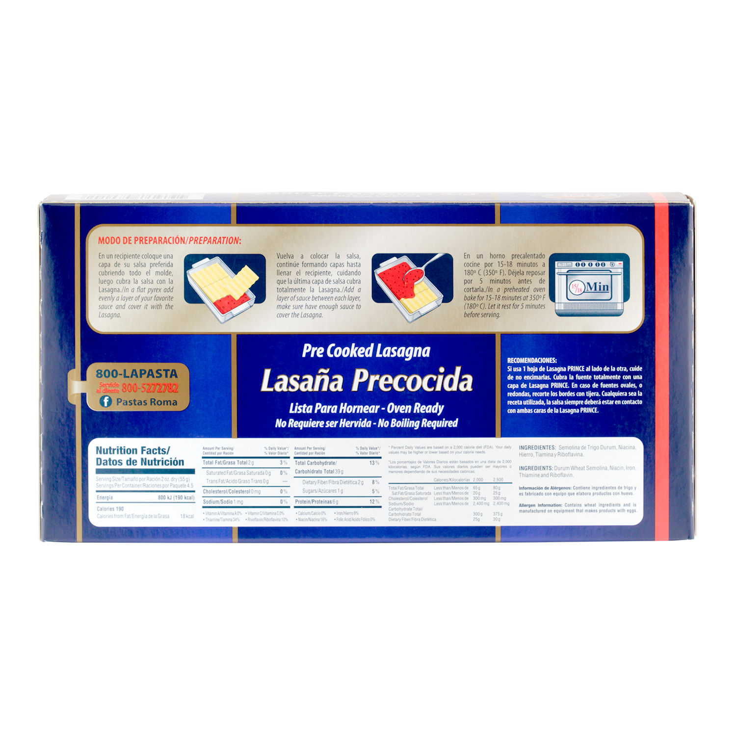 Pasta Alimenticia Lasagña Precocida Prince Caja 250 G