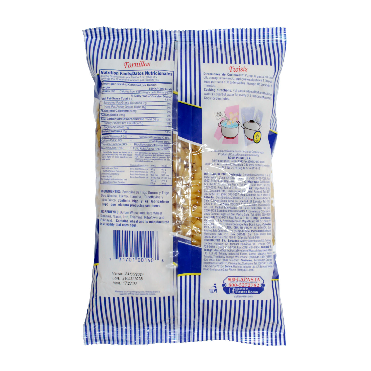 Pasta Alimenticia Tornillo Roma Paquete 250 G