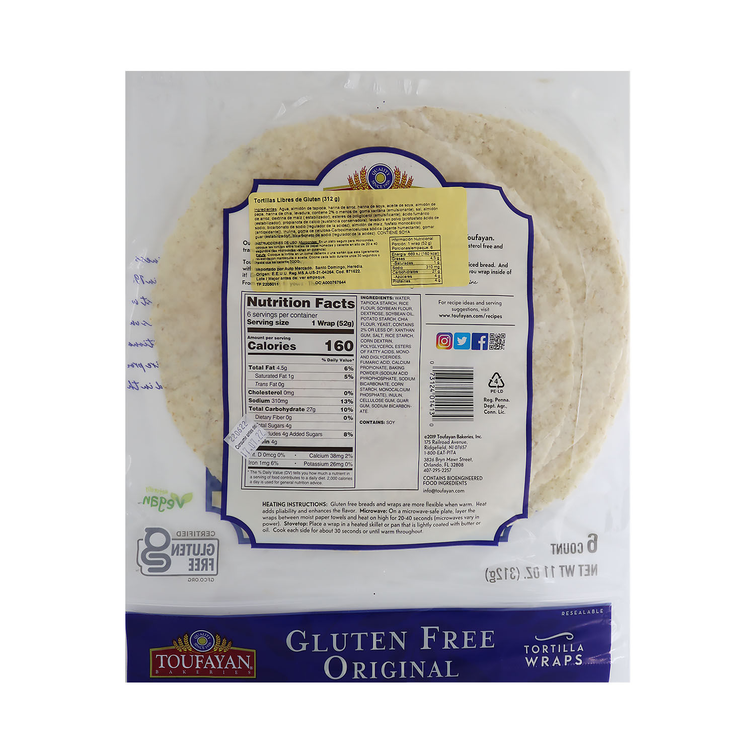 Tortillas Wraps Original Sin Gluten Toufayan Paquete 312 G