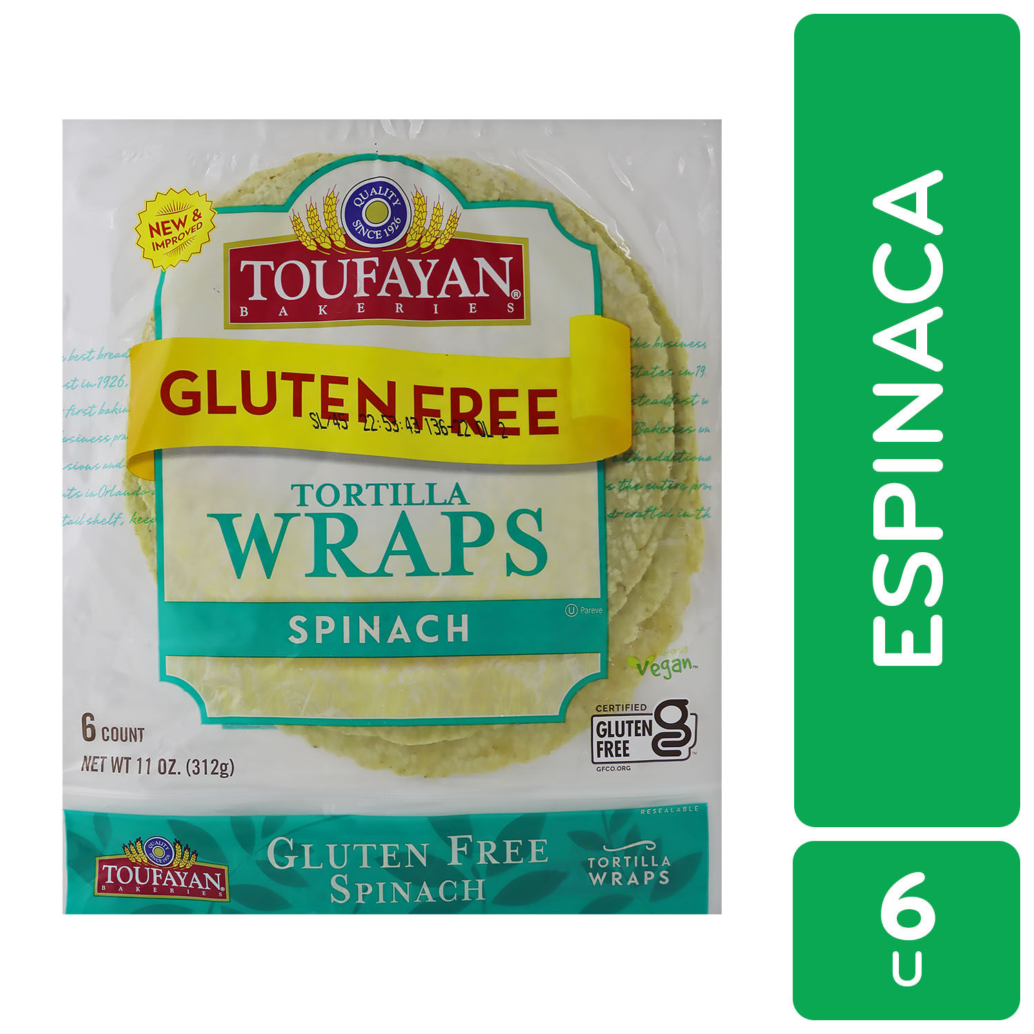 Tortillas Wraps Espinaca Sin Gluten Toufayan Paquete 312 G